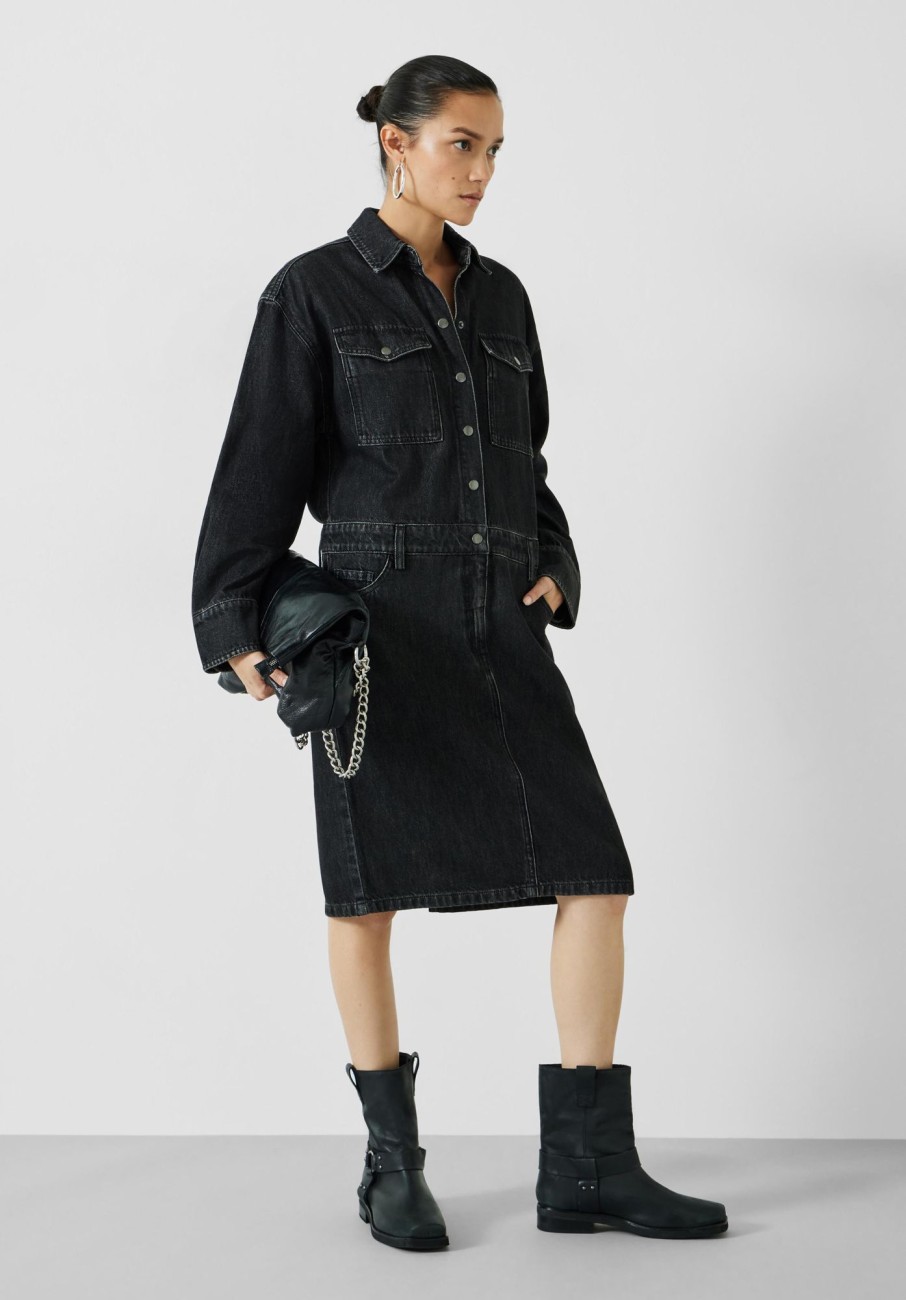 Hot Ria Knee Length Denim Dress Washed Black