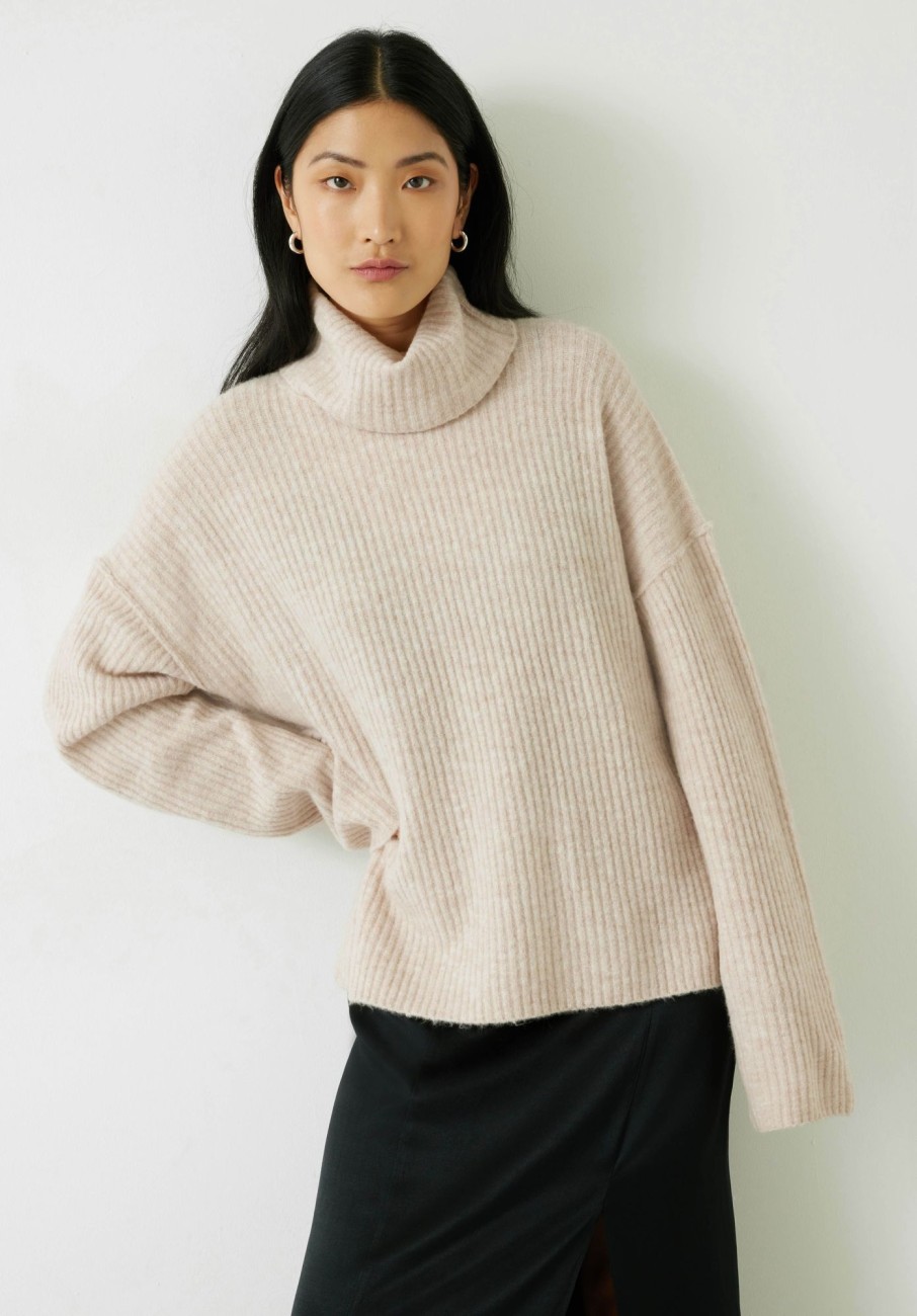 Clearance Keily Ribbed Roll Neck Wool Blend Jumper Blushed Oatmeal