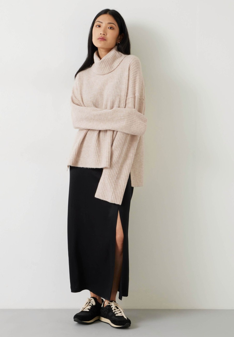 Clearance Keily Ribbed Roll Neck Wool Blend Jumper Blushed Oatmeal