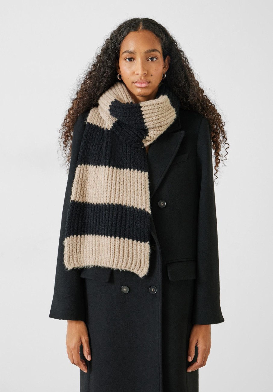 Clearance Morgan Knitted Stripe Scarf Black/Soft Camel