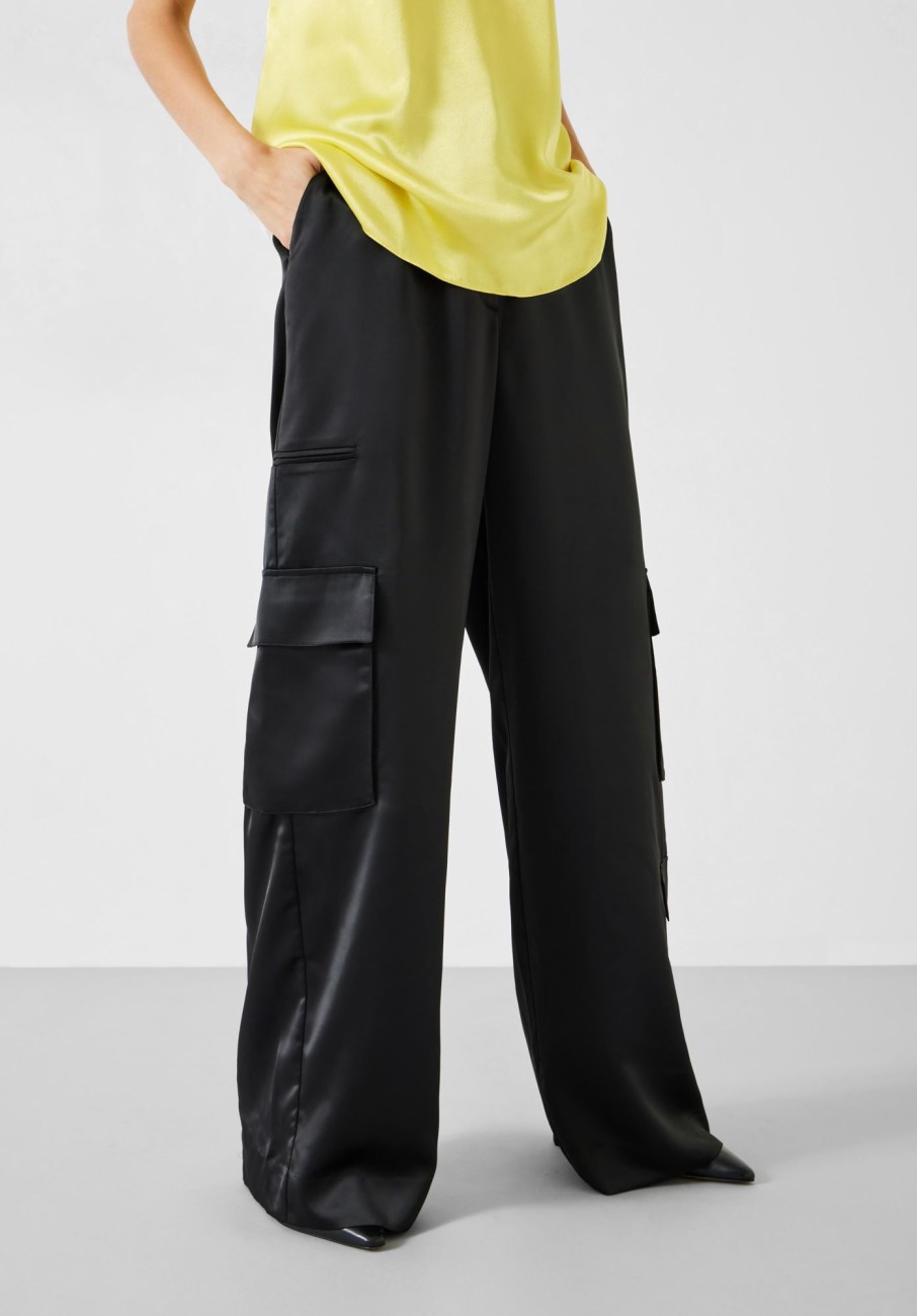 Hot Katy Satin Wide Cargo Trousers Black