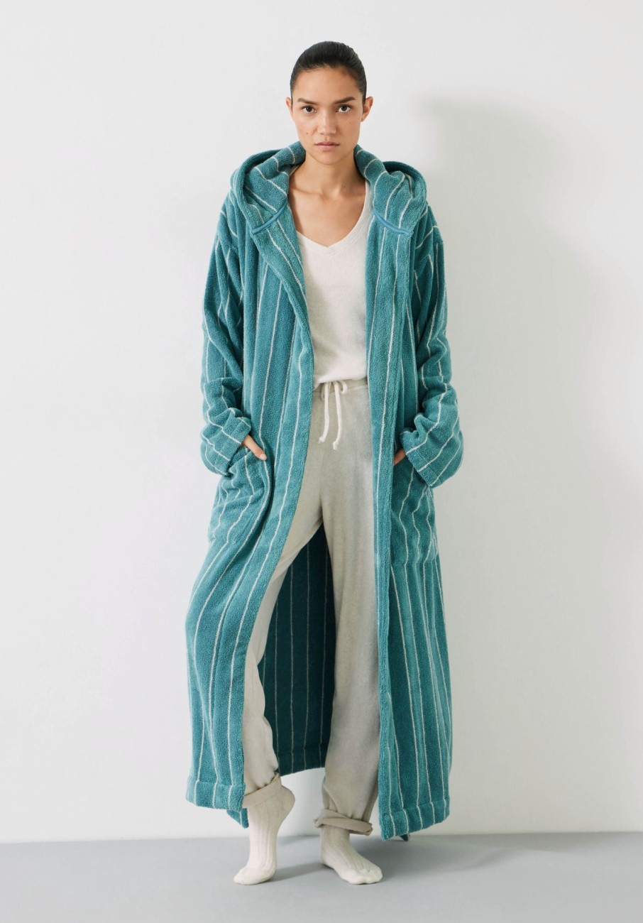 Clearance Renee Striped Cotton Towelling Robe Sage/Soft White