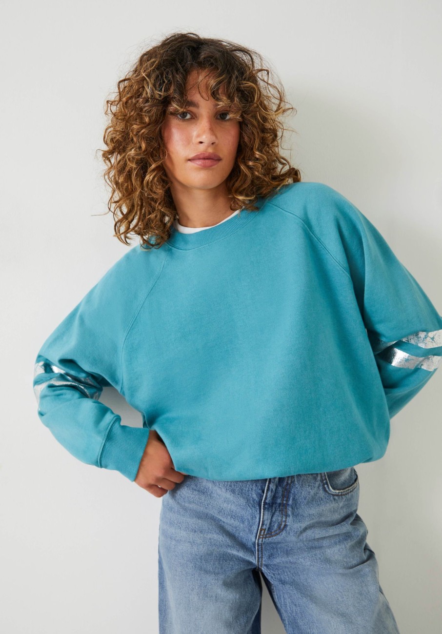 Clearance Metallic Stripe Relaxed Sweatshirt Teal