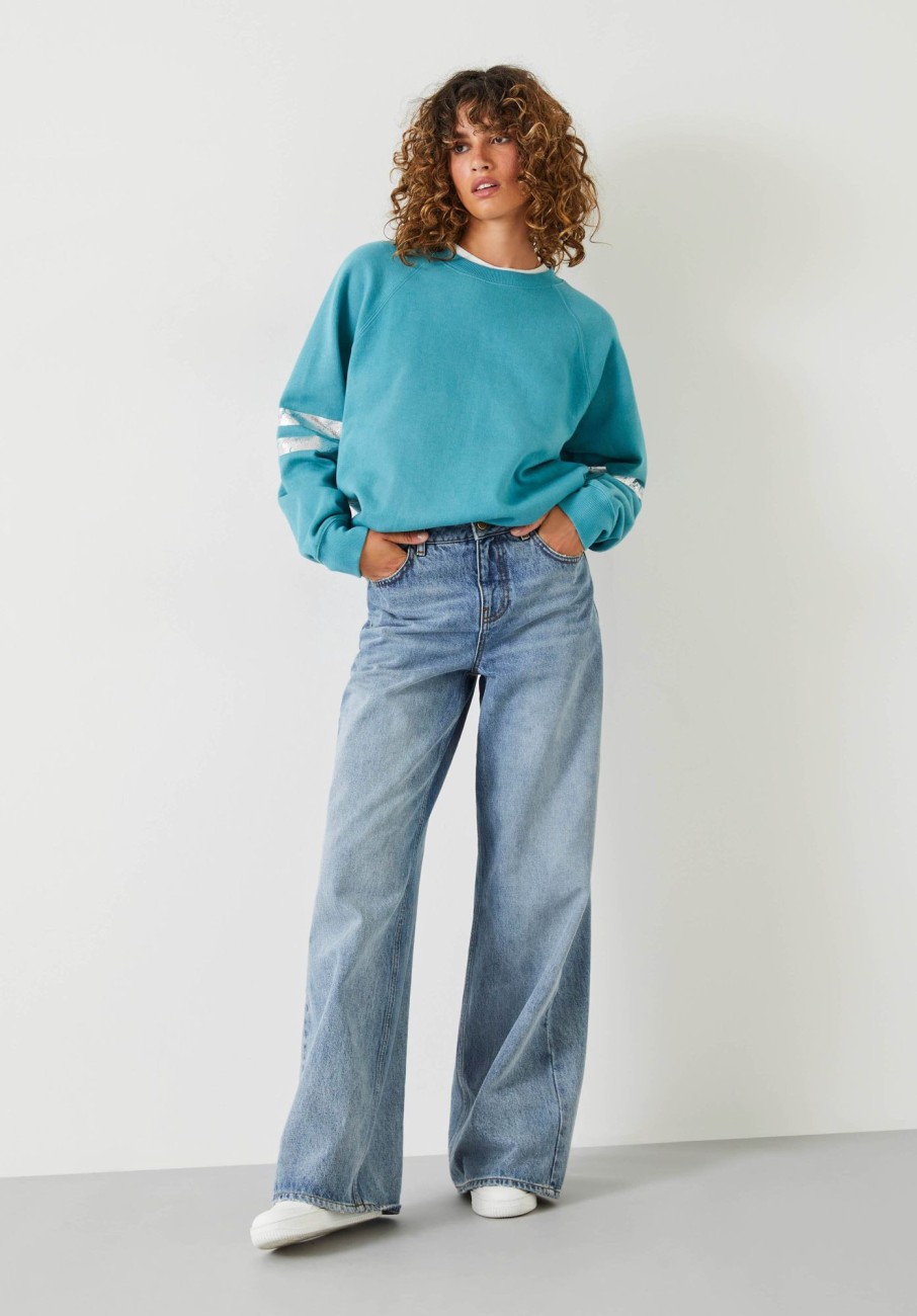 Clearance Metallic Stripe Relaxed Sweatshirt Teal