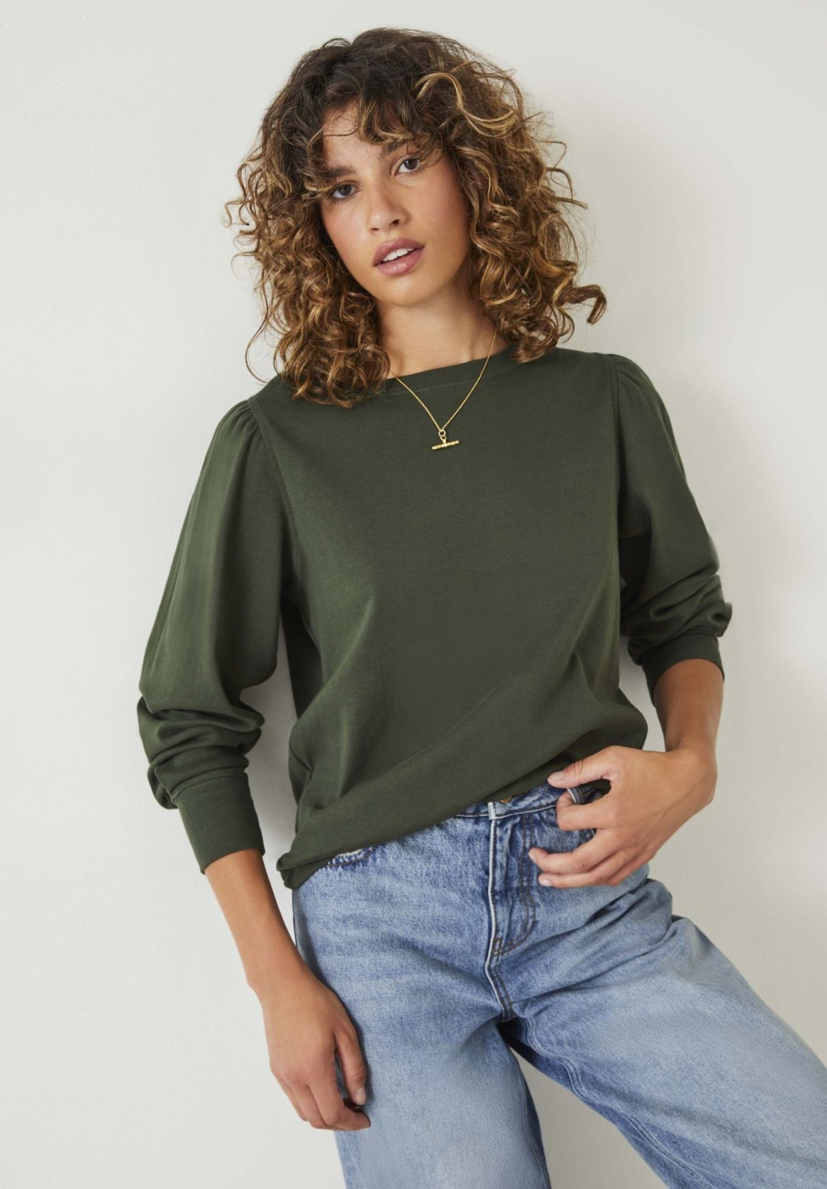 Hot Emily Puff Sleeve Jersey Top Dark Khaki