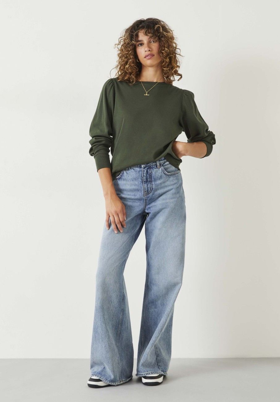 Hot Emily Puff Sleeve Jersey Top Dark Khaki