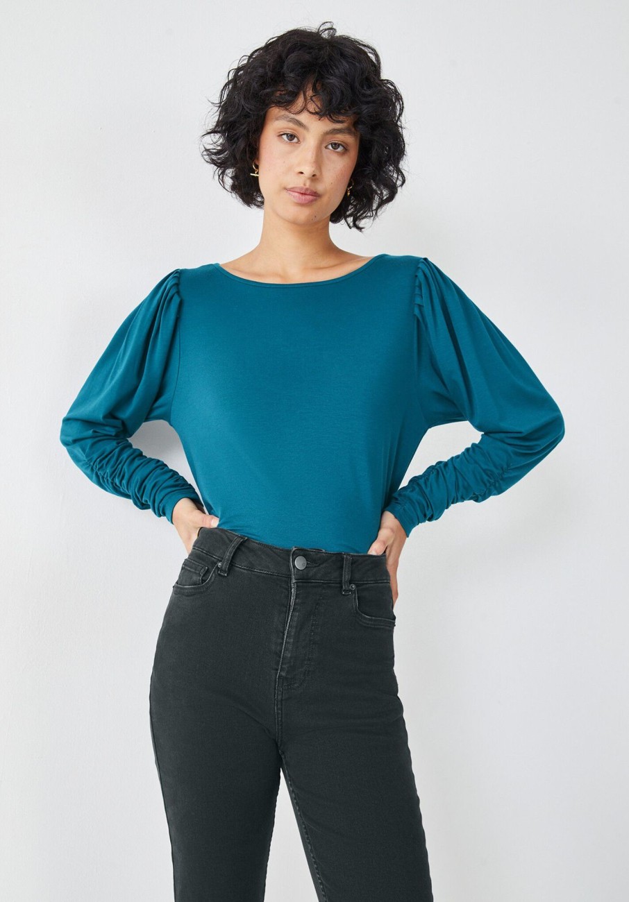 Clearance Charlotte Ruched Sleeve Jersey Top Dark Teal Blue