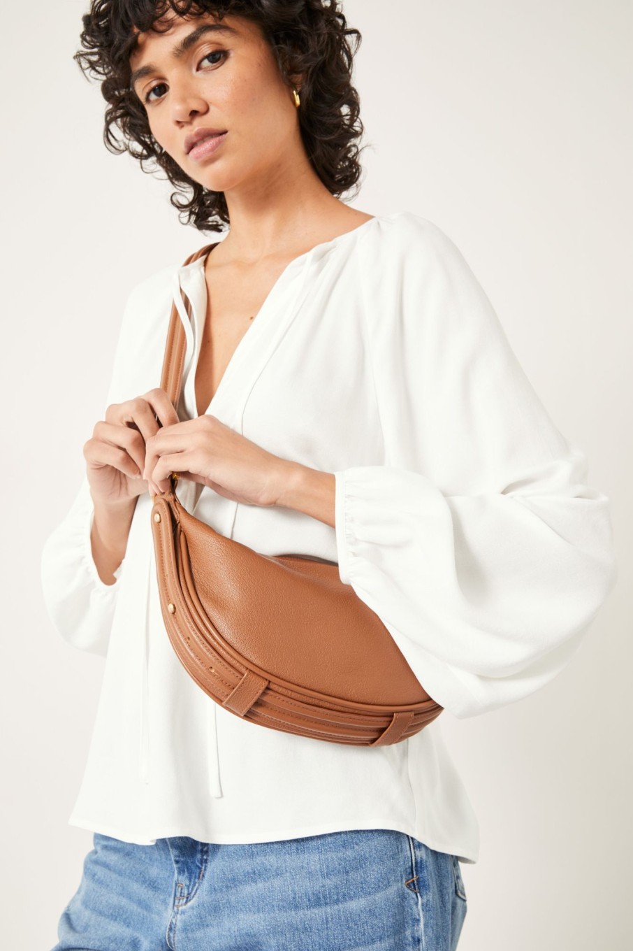 Online Rory Crescent Leather Crossbody Bag Tan