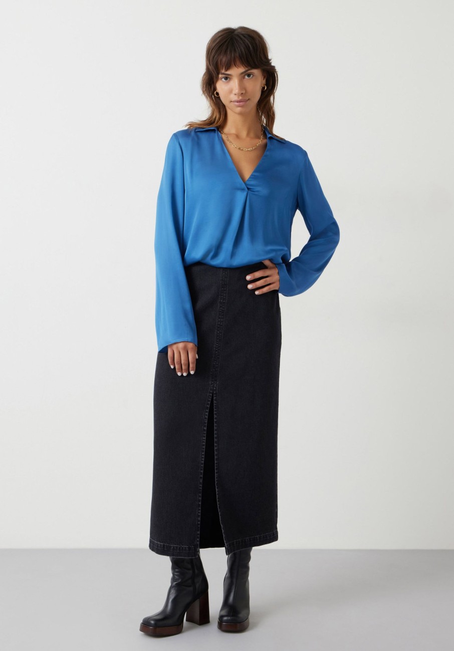 Clearance Nadia V-Neck Satinblouse Slate Blue