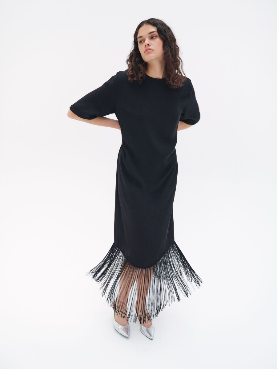 Clearance Hailey Fringe Midi Dress Black