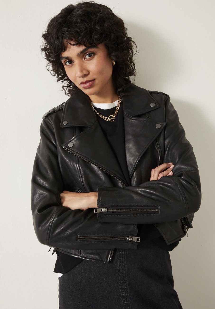 Best Jet Cropped Leather Biker Jacket Black