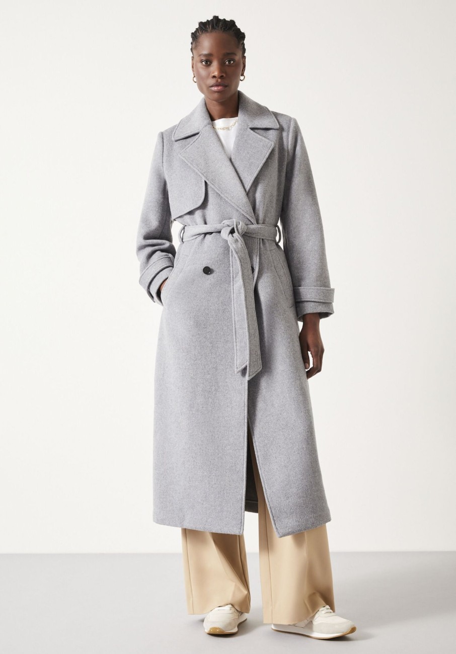 Online Wool Belted Trench Coat Grey