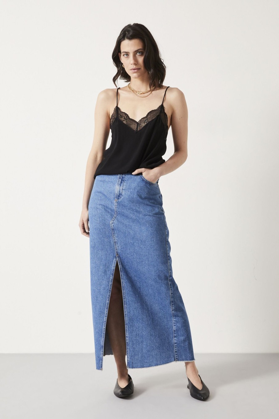 Clearance Rachelle Denim Maxi Skirt Mid Authentic Blue