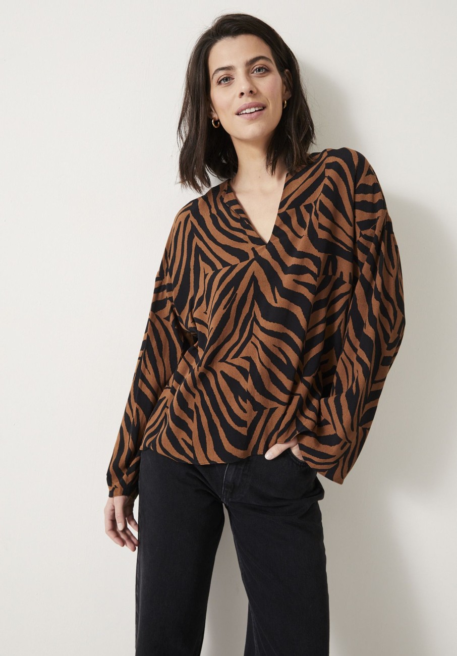 New Lauren Notch Neck Top Zebra Patchwork Brown