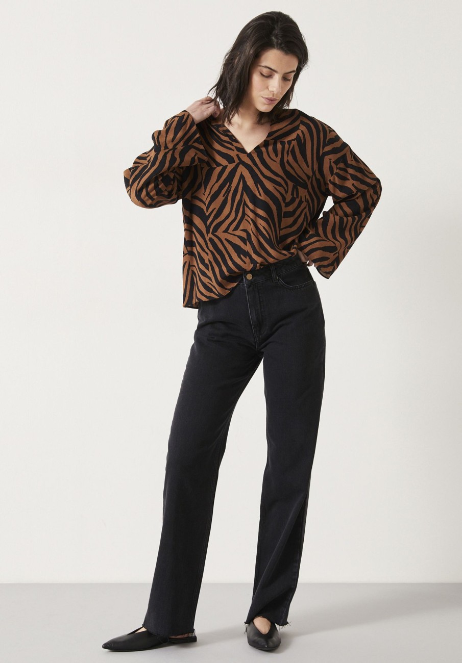 New Lauren Notch Neck Top Zebra Patchwork Brown