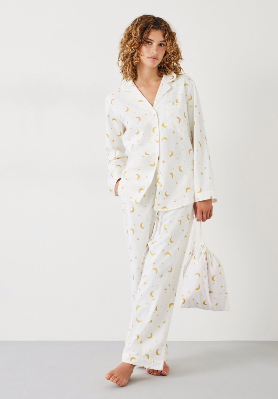 Best Liv Cotton Flannel Pyjamas Moon Stars Ecru/Gold