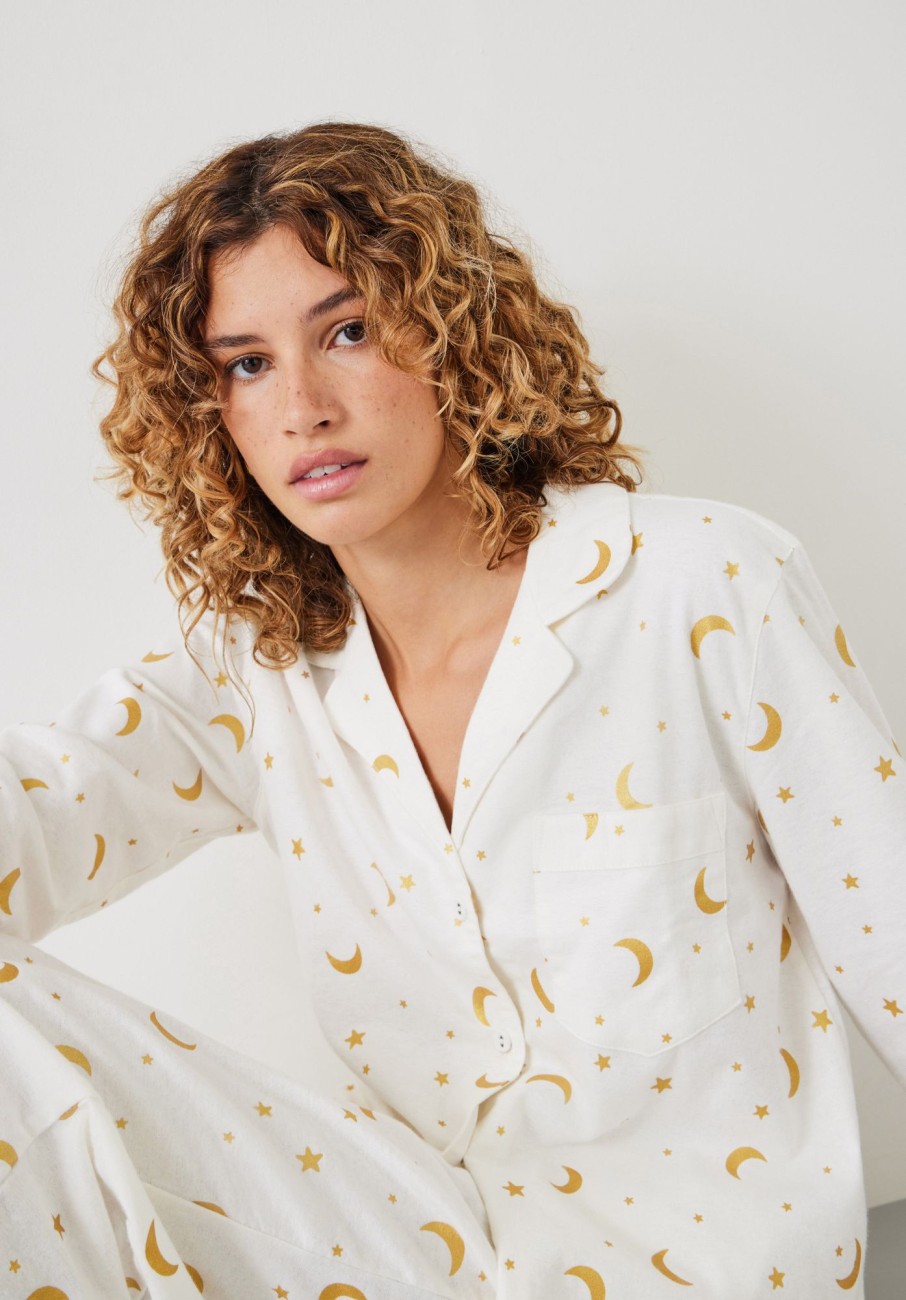 Best Liv Cotton Flannel Pyjamas Moon Stars Ecru/Gold