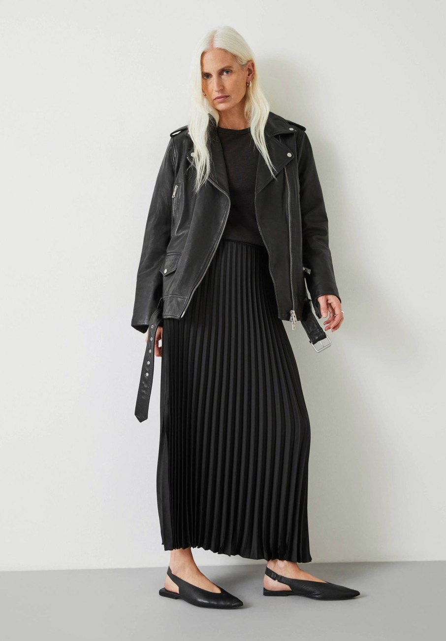 New Pleated Satin Maxi Skirt Black