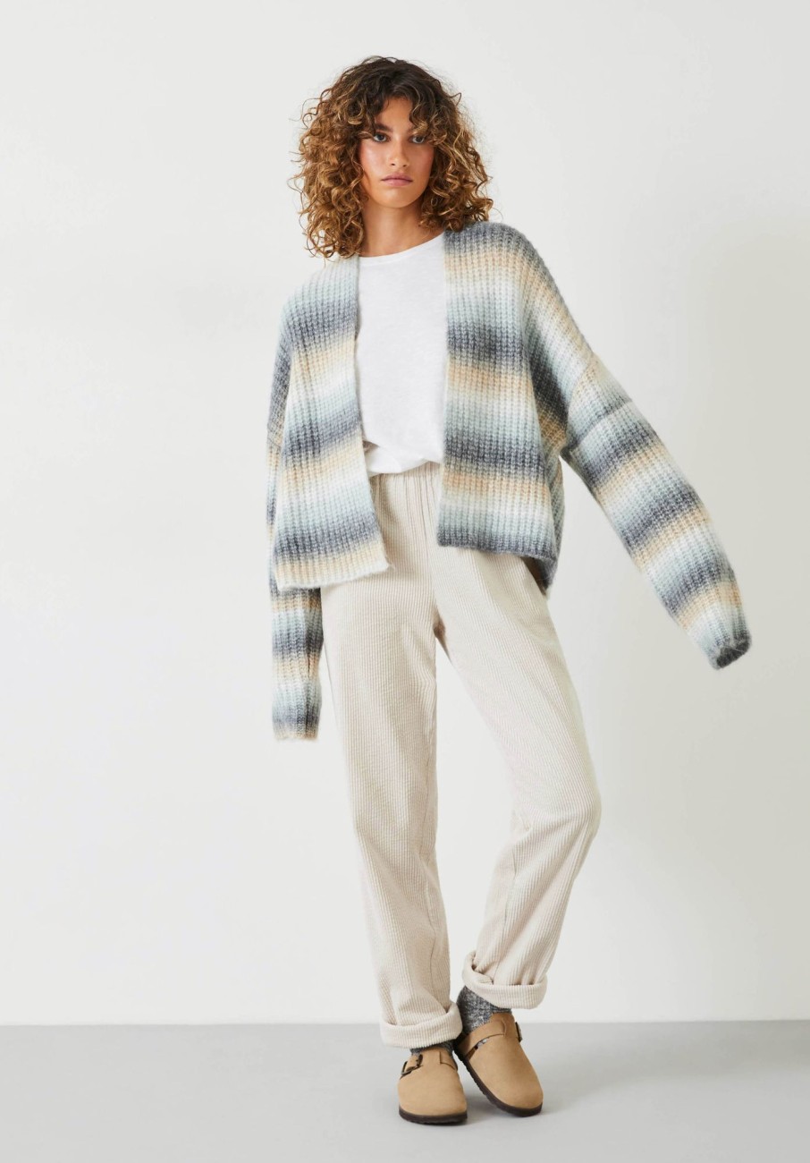 New Fluffy Striped Ombre Cardigan Mushroom Grey/Multi