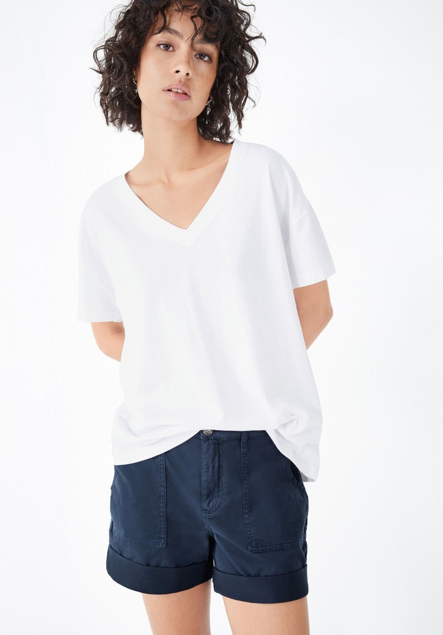 Wholesale Linen Blend Deep V T-Shirt White