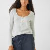 Hot Long Sleeve Ribbed Henley T-Shirt Lightest Grey Marl