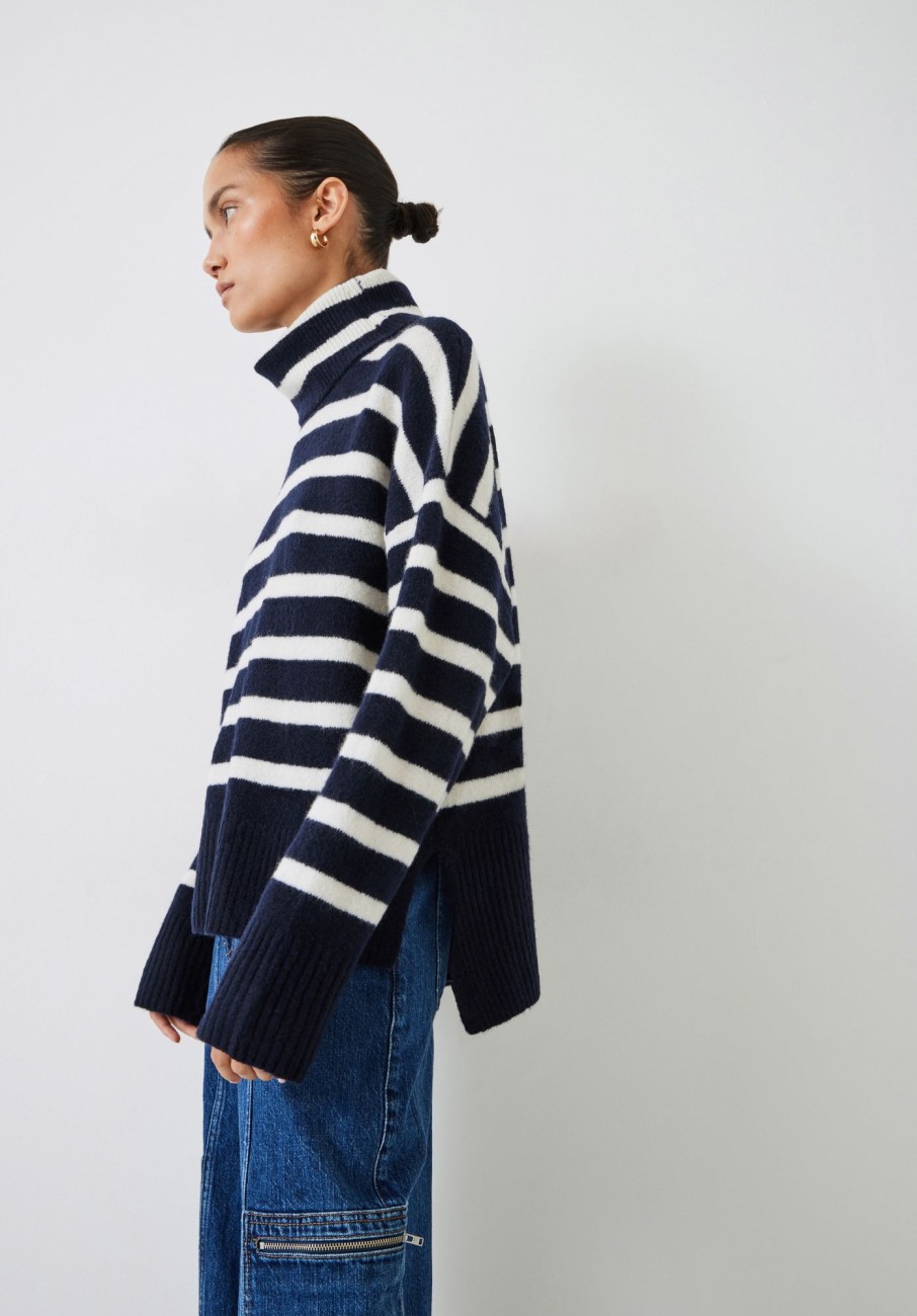 Online Rhona Striped Roll Neck Jumper Midnight Navy/Ecru