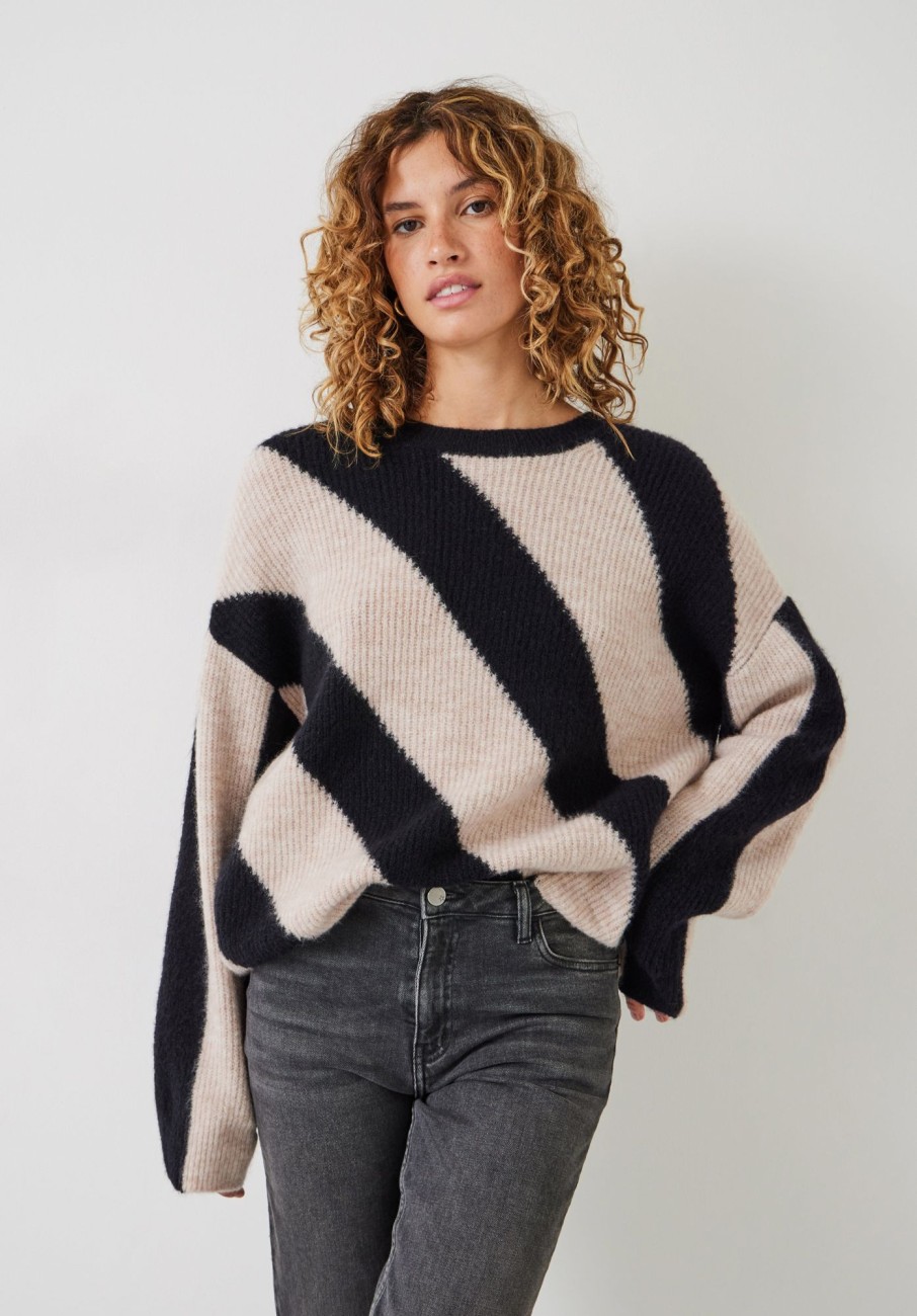 Clearance Georgie Diagonal Stripe Wool Blend Jumper Black / Oatmeal Marl