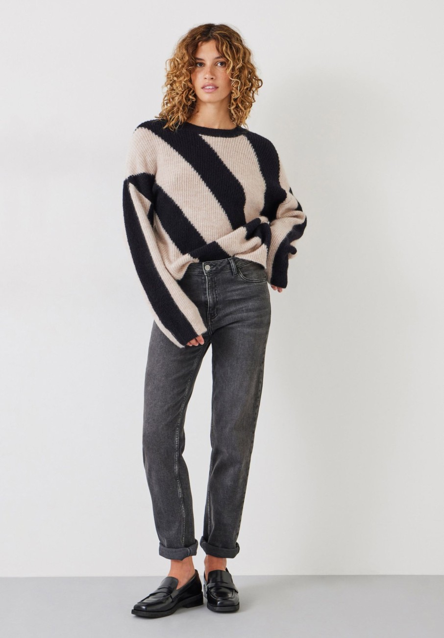 Clearance Georgie Diagonal Stripe Wool Blend Jumper Black / Oatmeal Marl