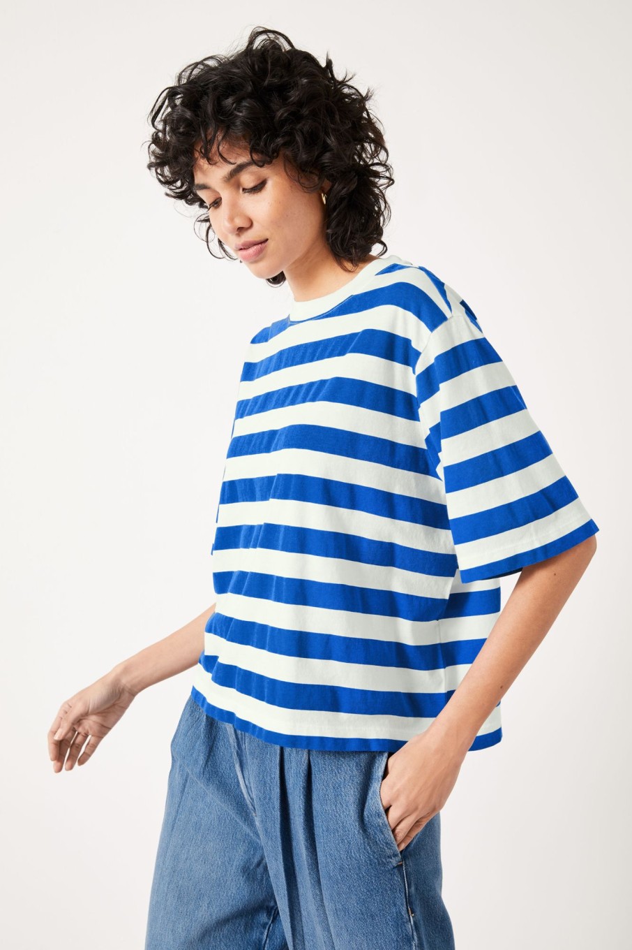 Wholesale Striped Boxy T-Shirt Blue / White