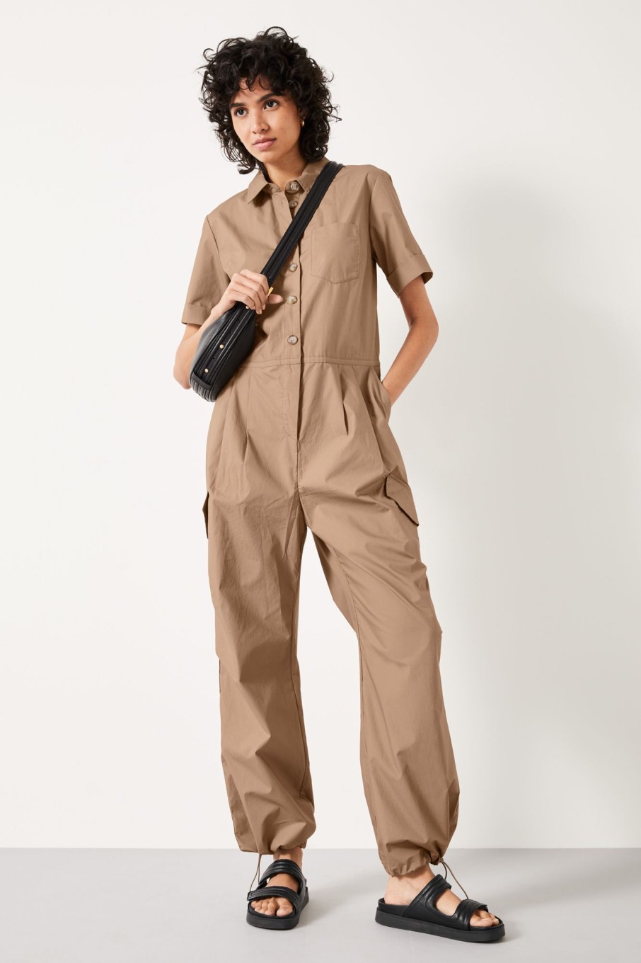 New Cargo Short Sleeve Jumpsuit Caramel Coffee