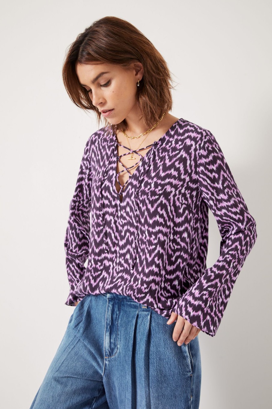 Hot Elianna Lace Up Blouse Digital Ikat Lilac