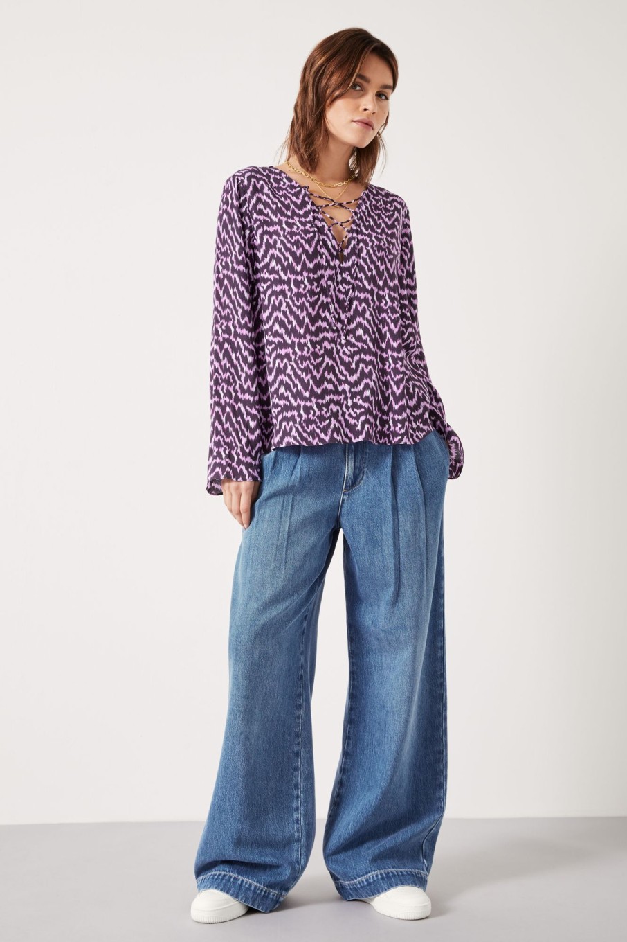 Hot Elianna Lace Up Blouse Digital Ikat Lilac