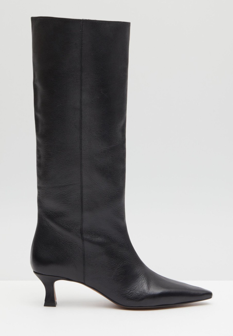 Hot Camila Leather Kitten Heel Knee Boots Black