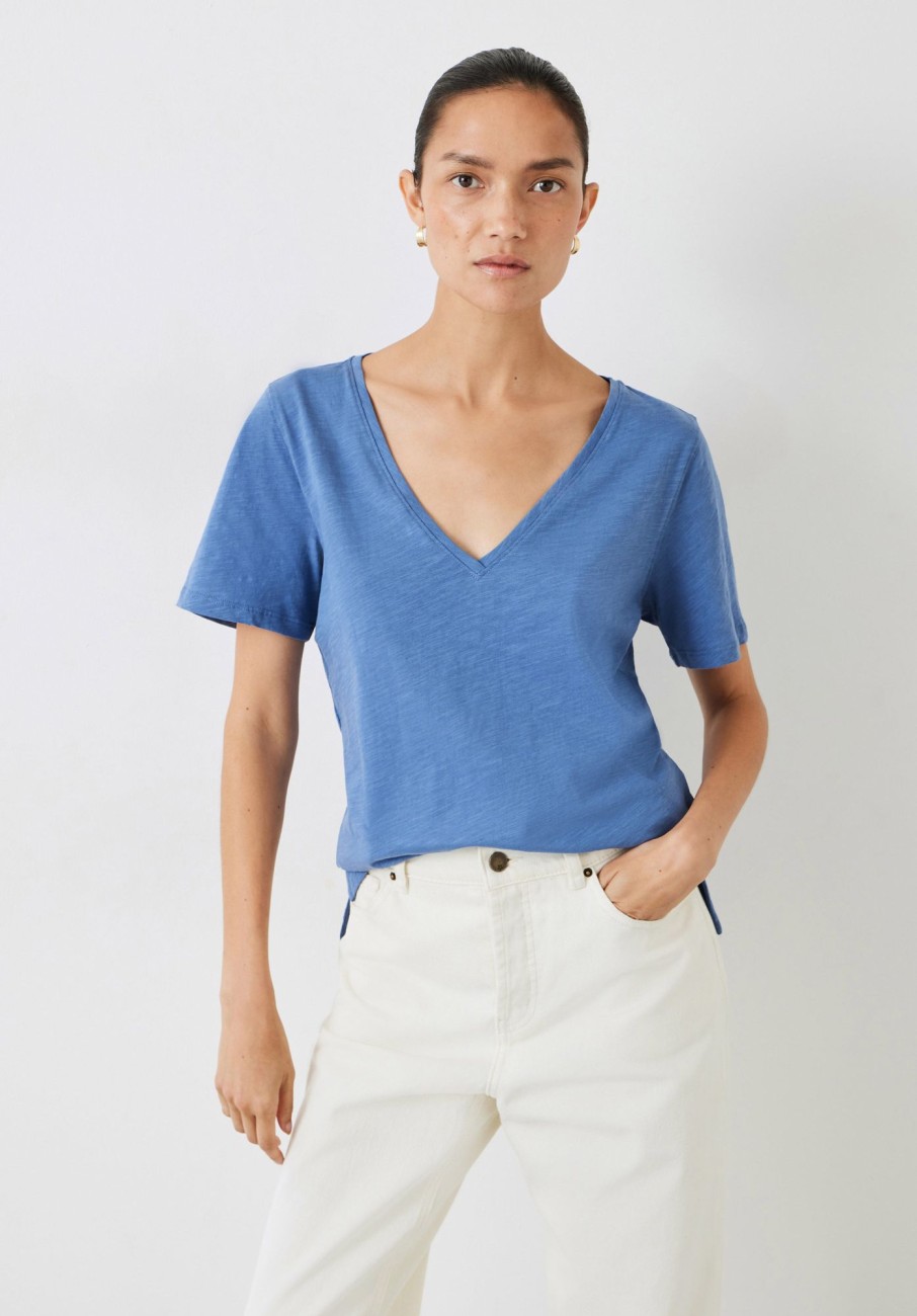 New Kali Cotton Slub V-Neck T-Shirt Denim Blue