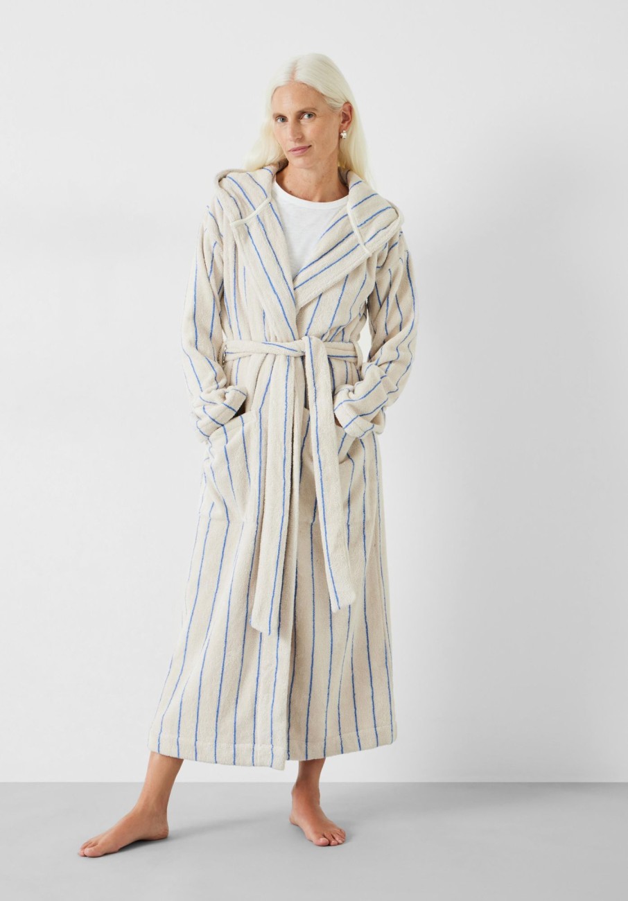 Hot Renee Striped Cotton Towelling Robe Soft White/Blue