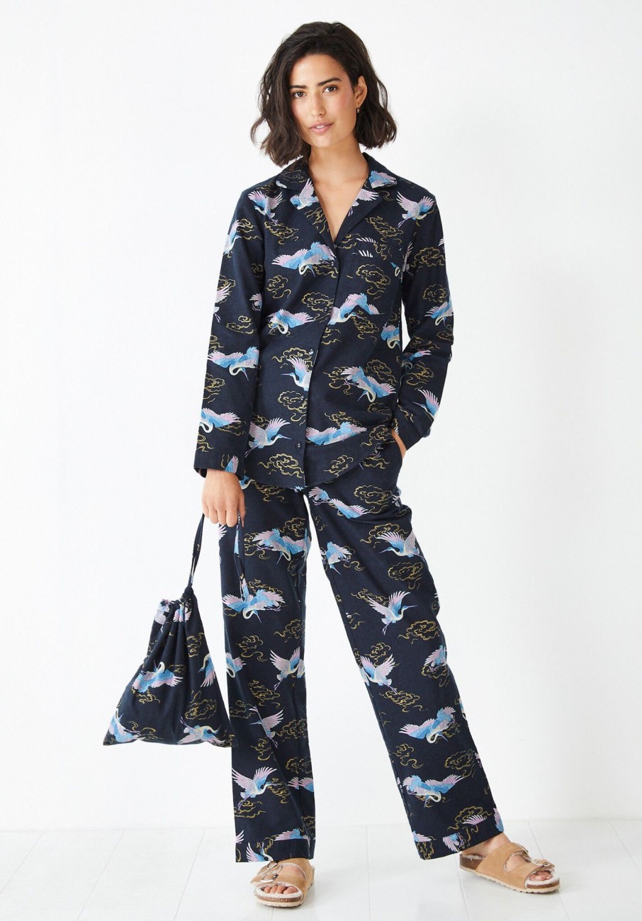 Hot Liv Cotton Flannel Pyjama Set Flying Crane Navy/Multi