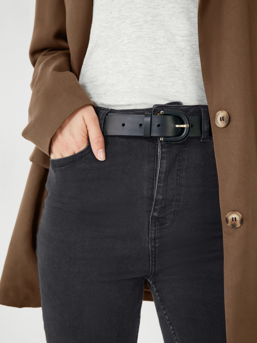 New Amber Leather Buckle Jeans Belt Black